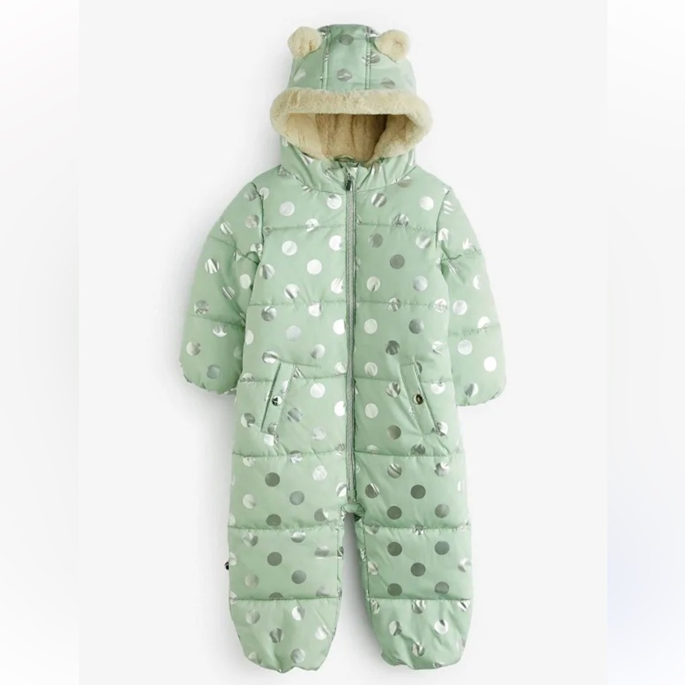 Liv & Lottie Mint Green Silver Polka Dot‎ Hooded Snowsuit Fur Ears Baby Size 3M